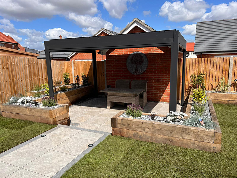 family friendly garden pergola with comfortable furniture