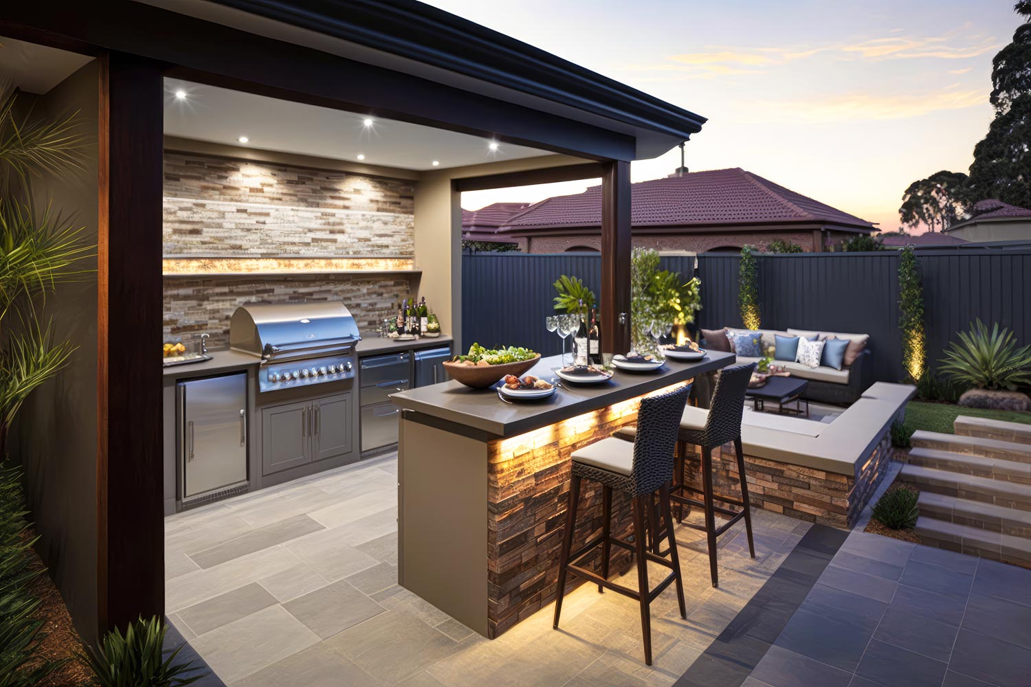 A beautiful outdoor kitchen beneath a pergola featuring worktops and island