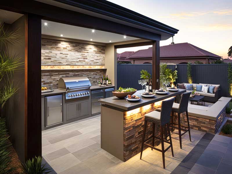 stylish modern garden pergola houses an outdoor kitchen with an island and tall stools for outdoor dining and socialising
