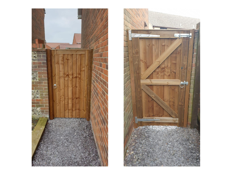 A sturdy timber garden gate 1.8m tall and hung between the property wall and a brick garden wall for privacy and security